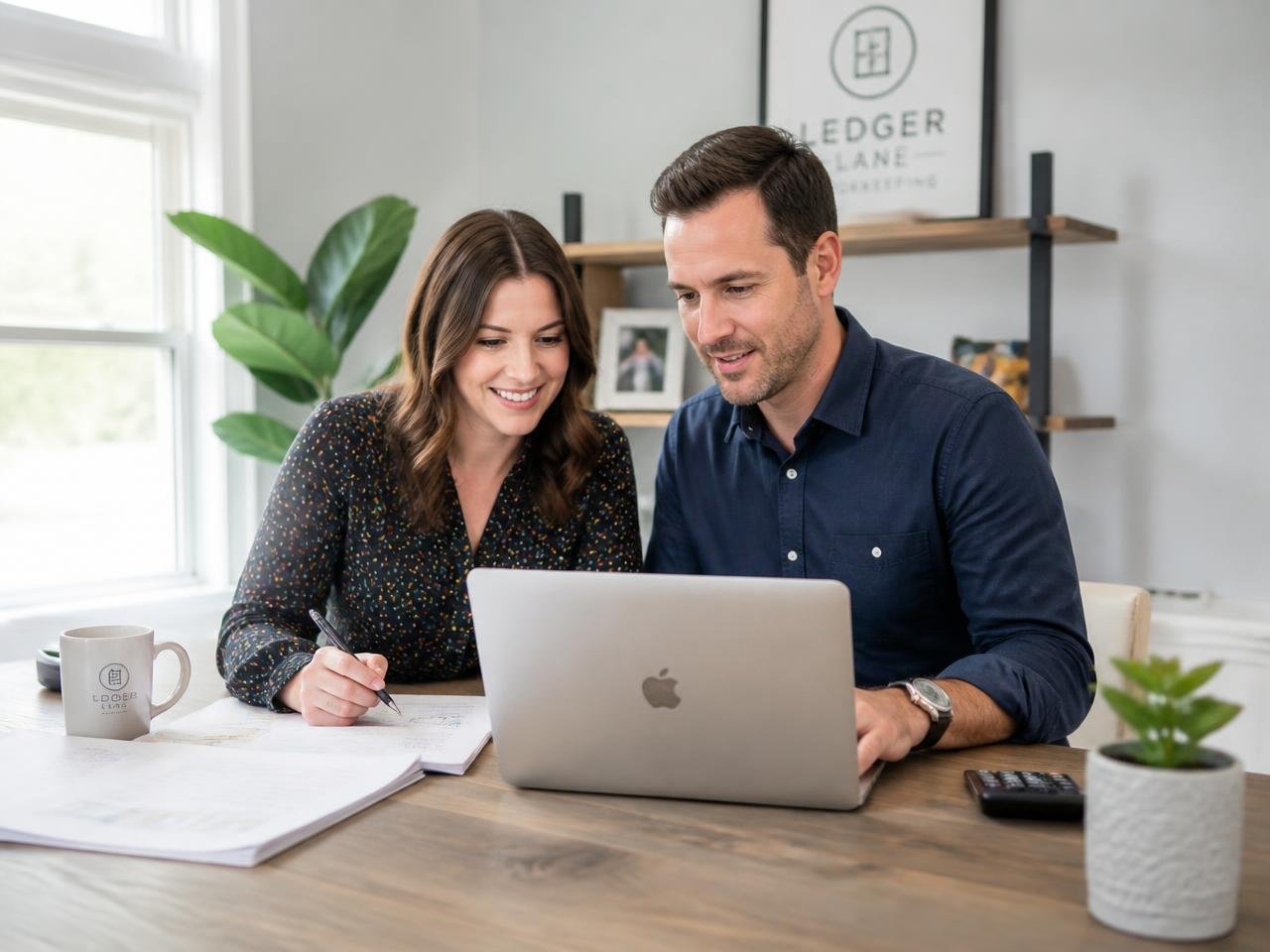 Husband-and-wife bookkeeping team reviewing financial reports together