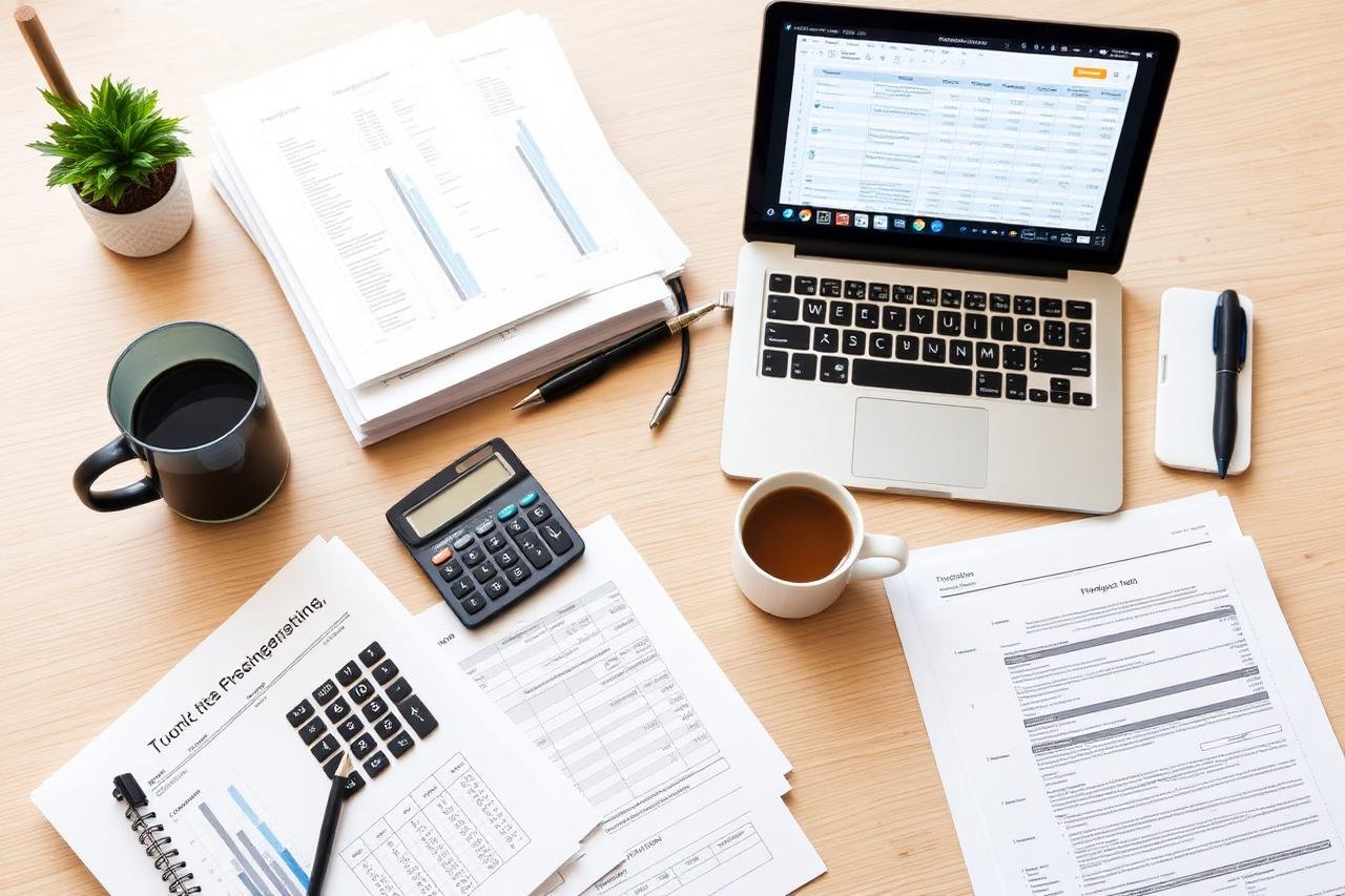Organized bookkeeping workspace with reports, calculator, and spreadsheets
